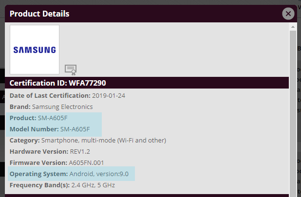 Galaxy-A6-Wifi-Adroid-Pie-certification