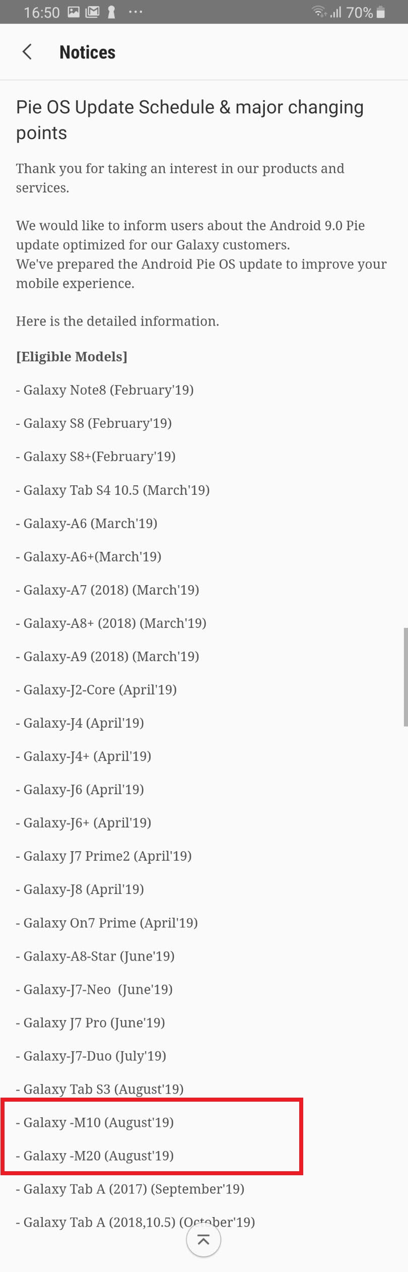 galaxy m10 m20 pie schedule